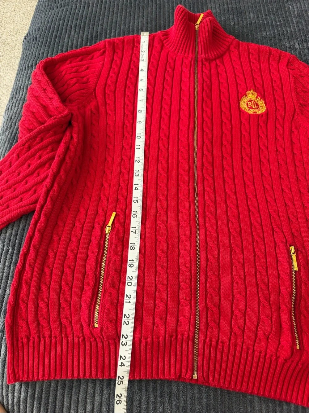Ralph Lauren Bright Red Cable-Knit Zip Cardigan with Crest